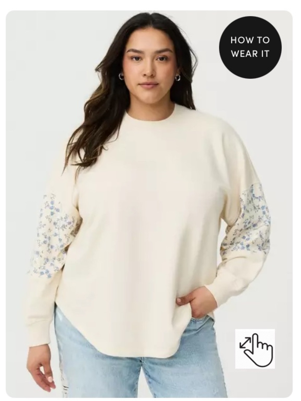 torrid Cream Sweatshirt with Blue Floral Sleeve Panels